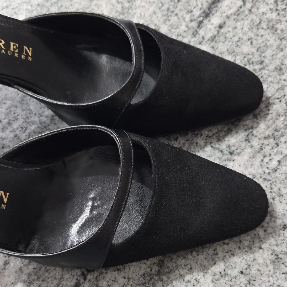 Lauren Ralph Lauren Women's 5.5 Black Suede & Leather Kitten Heel Mules - Picture 4 of 16